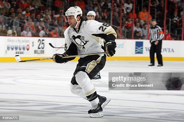 Eric Godard of the Pittsburgh Penguins skates during the game against the Philadelphia Flyers at the Wachovia Center on October 8, 2009 in...