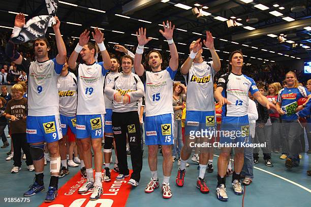 Igor Vori, Krzystof Lijewski, Per Sandstroem, Guillaume Gille, Pascal Hens and Hans Lindberg of Hamburg celebrate the 34-25 victory after the...