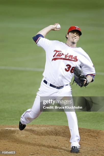 Joe Nathan of the Minnesota Twins pitches to the Kansas City Royals on October 3, 2009 at the Metrodome in Minneapolis, Minnesota. The Twins won 5-4.