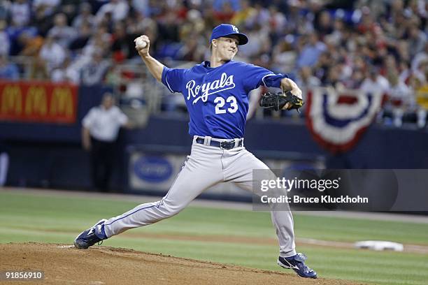 Zack Greinke of the Kansas City Royals pitches to the Minnesota Twins on October 3, 2009 at the Metrodome in Minneapolis, Minnesota. The Twins won...