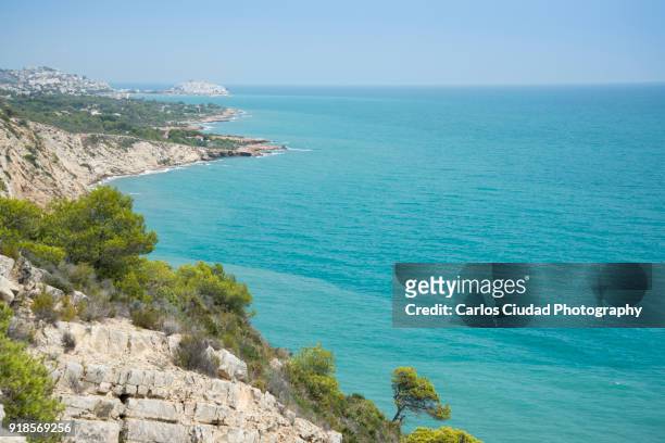 coastal landscape of peniscola from sierra de irta natural park, castellon, spain - costa_del_azahar stock pictures, royalty-free photos & images