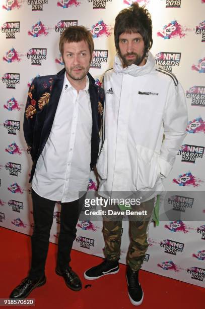 Tom Meighan and Sergio Pizzorno of Kasabian attend the VO5 NME Awards held at Brixton Academy on February 14, 2018 in London, England.