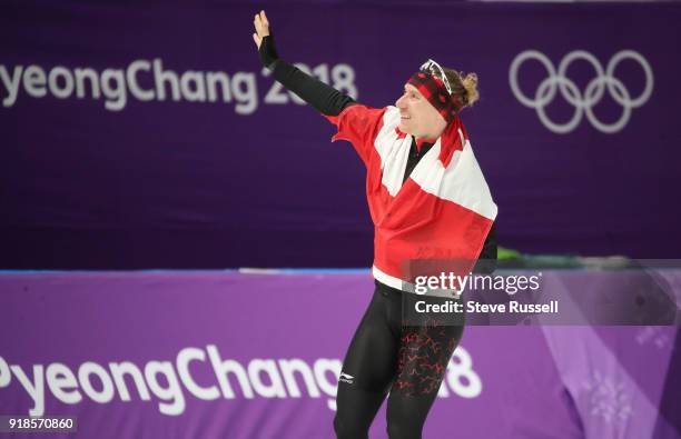 Pyeongchang- FEBRUARY 15 - Ted-Jan Bloemen of Canada takes a victory lap after winning the gold medal in Olympic record time in the men's 10000...