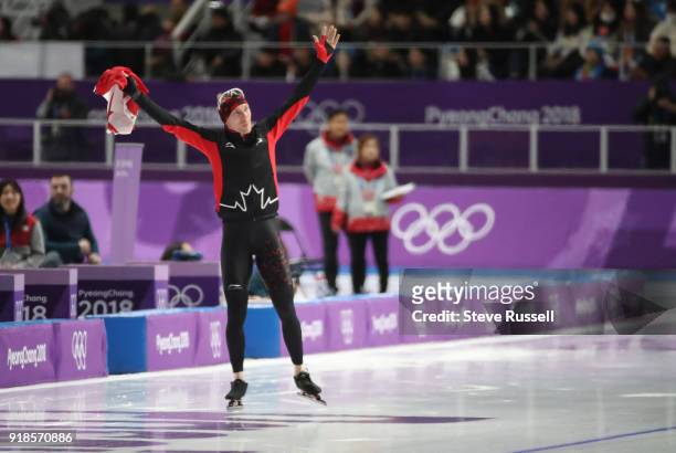 Pyeongchang- FEBRUARY 15 - Ted-Jan Bloemen of Canada takes a victory lap after winning the gold medal in Olympic record time in the men's 10000...