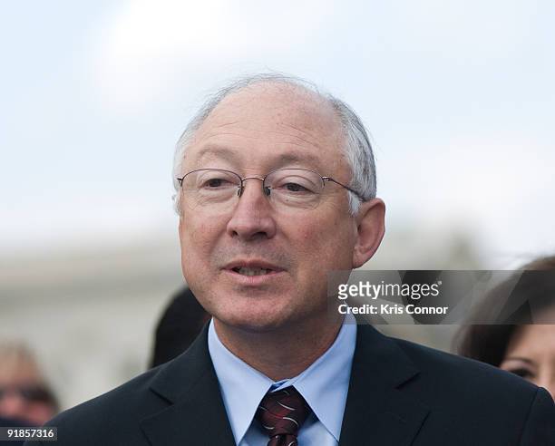 Secretary of the Interior Ken Salazar speaks during a National Museum of the American Latino Commission press conference at the House Triangle on...