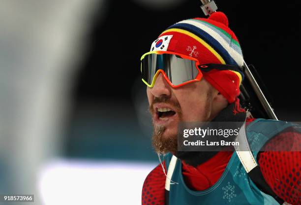 Timofei Lapshin of Korea finishes during the Men's 20km Individual Biathlon at Alpensia Biathlon Centre on February 15, 2018 in Pyeongchang-gun,...