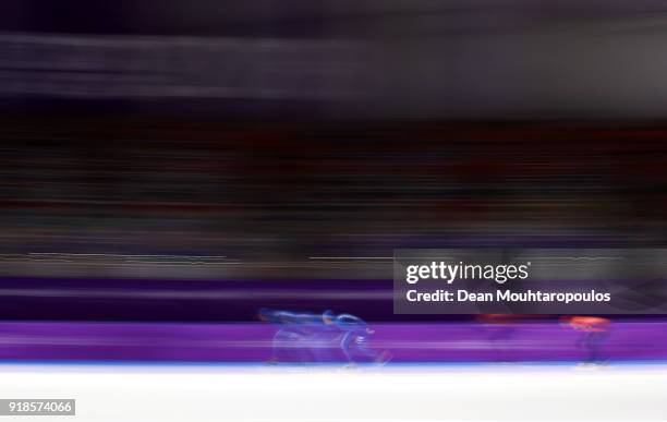 Davide Ghiotto of Italy and Jorrit Bergsma of the Netherlands compete during the Speed Skating Men's 10,000m on day six of the PyeongChang 2018...