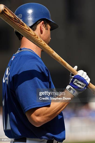 Brad Ausmus of the Los Angeles Dodgers looks on during batting practice before taking on the St. Louis Cardinals in Game Two of the NLDS during the...