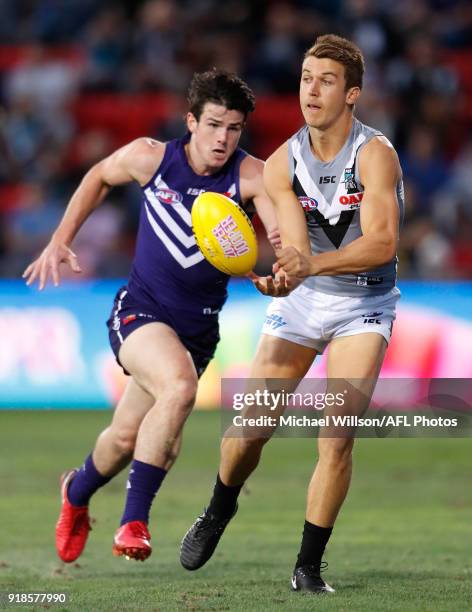 Jack Trengove of the Power and Andrew Brayshaw of the Dockers in action during the AFLX match between the Port Adelaide Power and the Fremantle...