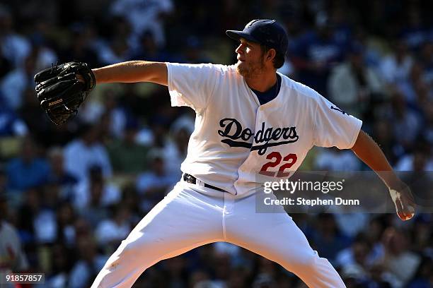 Pitcher Clayton Kershaw of the Los Angeles Dodgers on the mound against the St. Louis Cardinals in Game Two of the NLDS during the 2009 MLB Playoffs...