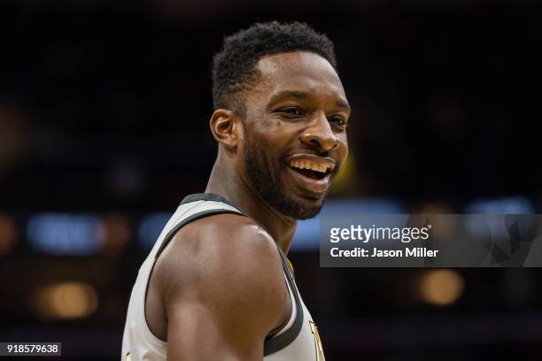 Jeff Green of the Cleveland Cavaliers talks with another player during the first half against the Minnesota Timberwolves at Quicken Loans Arena on...