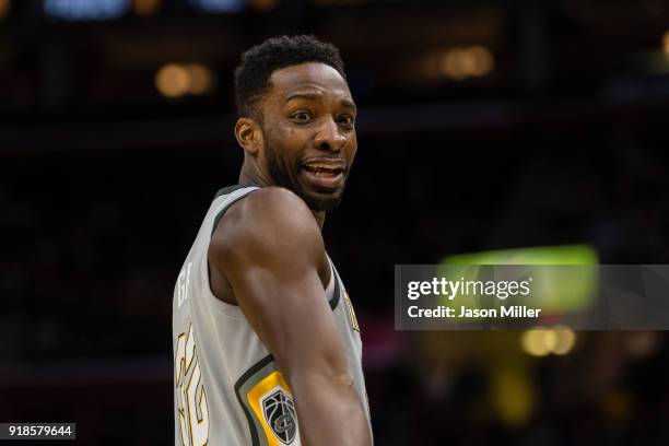 Jeff Green of the Cleveland Cavaliers talks with another player during the first half against the Minnesota Timberwolves at Quicken Loans Arena on...