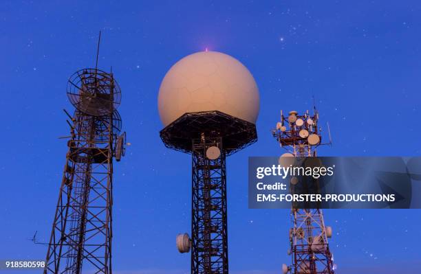 aeronautic and naval radar communications intercept station antenna facility on puig de randa, mallorca. - radar dome stock pictures, royalty-free photos & images