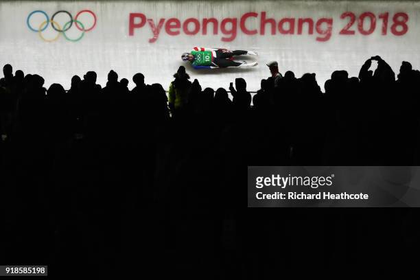 Chris Mazdzer of the United States slides during the Luge Team Relay on day six of the PyeongChang 2018 Winter Olympic Games at Olympic Sliding...