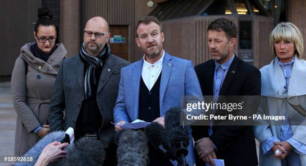 Chris Unsworth , Micky Fallon and Steve Walters , victims of Barry Bennell, speak to the media outside Liverpool Crown Court where the serial...