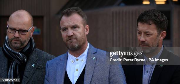 Chris Unsworth , Micky Fallon and Steve Walters , victims of Barry Bennell, speak to the media outside Liverpool Crown Court where the serial...