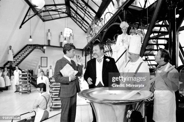 Dick Van Dyke and James Robertson Justice filming a scene for Chitty Chitty Bang Bang at Pinewood Studios, 19th July 1967.