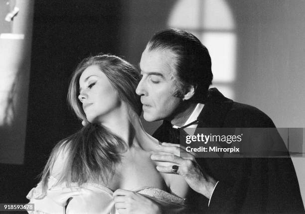 Christopher Lee, being photographed for poster, dressed as character Dracula in film, Dracula A.D at Elstree Studios, Hertfordshire, 24th October...