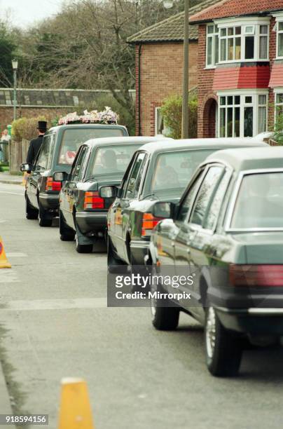 Funeral cortege for schoolgirl Nikki Conroy, Tuesday 5th April 1994. On 28th March 1994, a masked man, carrying a shotgun and knives, burst into a...