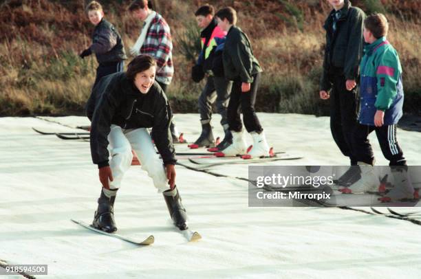 East Cleveland army cadets had a day off on the ski slopes at Eston. The cadets glide down the nursery slope, 23rd January 1994.