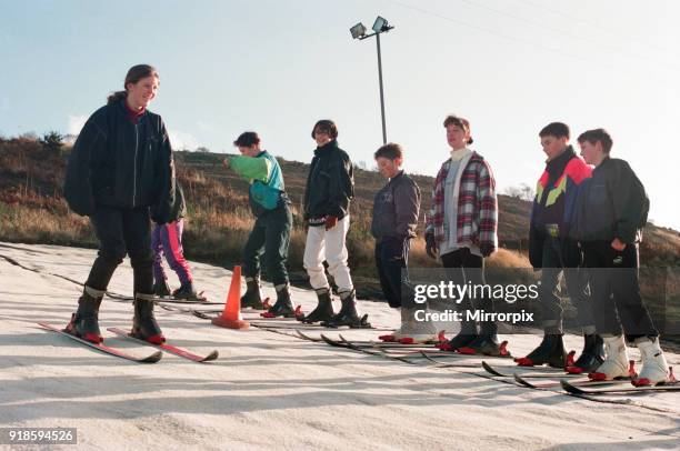 East Cleveland army cadets had a day off on the ski slopes at Eston. The cadets glide down the nursery slope, 23rd January 1994.