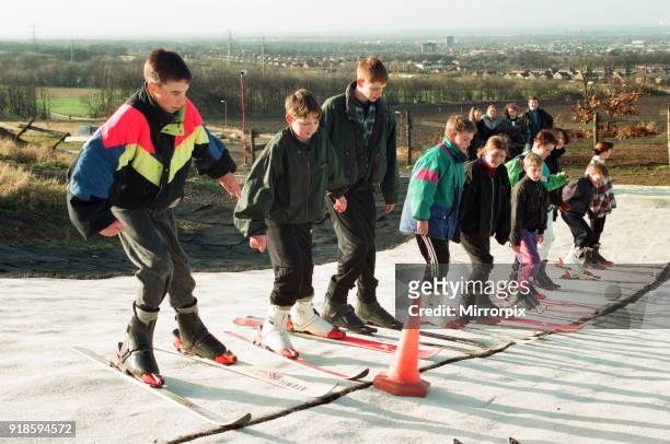 East Cleveland army cadets had a day off on the ski slopes at Eston. The cadets glide down the nursery slope, 23rd January 1994.