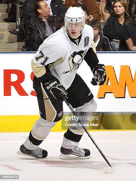 Evgeni Malkin of the Toronto Maple Leafs skates during game action against the Pittsburgh Penguins October 10, 2009 at the Air Canada Centre in...