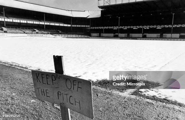 Goodison Park, home to Everton FC, the football stadium is located in Walton, Liverpool, England, 17th February 1973. Keep Off The Pitch Sign.