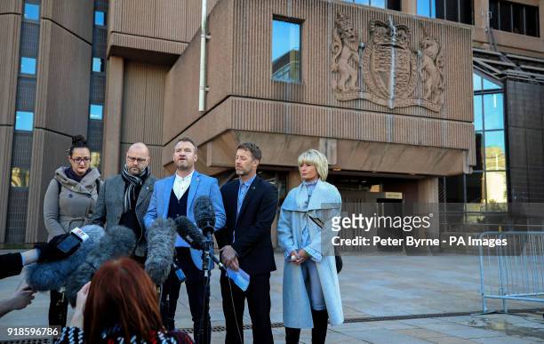 Chris Unsworth , Micky Fallon and Steve Walters , victims of Barry Bennell, speak to the media outside Liverpool Crown Court where the serial...