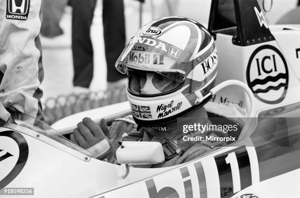 British Grand Prix Formula One World Championship race at Silverstone. Williams driver Nigel Mansell, seen here celebrating on the podium after...