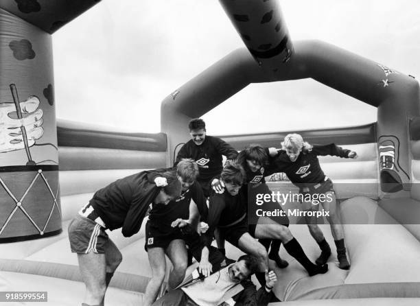 Newcastle United 1986, Pre Season. Players take time out on a inflatable bouncing castle at their Benwell training ground to help publicise Bounce...