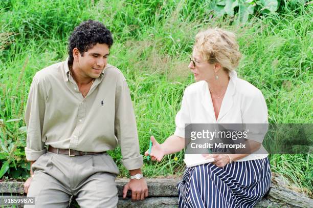 Sachin Tendulkar, first overseas signing for Yorkshire County Cricket Club, pictured being interviewed by a member of thje press, Sheffield, 16th...