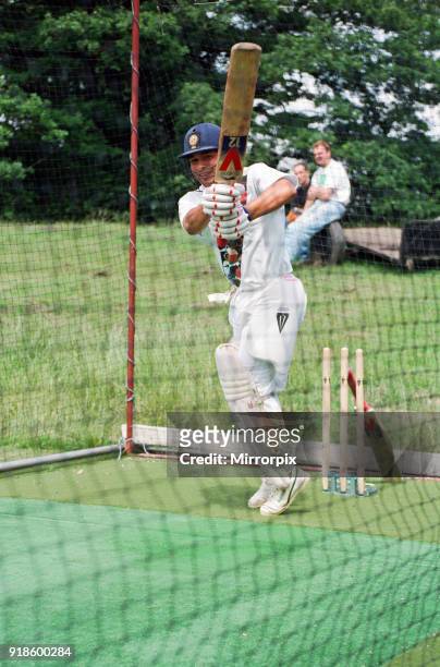 Sachin Tendulkar, first overseas signing for Yorkshire County Cricket Club, pictured practising in the nets, Sheffield, 16th July 1992.