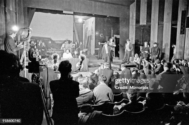 Richard Burton and Elizabeth Taylor speaking at The Oxford University Dramatic Society, Oxford, England, 8th February 1966.