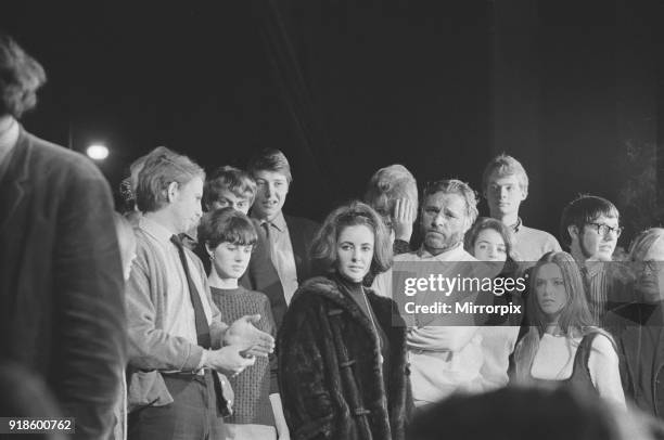 Richard Burton and Elizabeth Taylor speaking at The Oxford University Dramatic Society, Oxford, England, 8th February 1966.