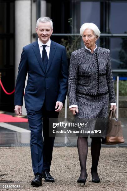 Bruno Le Maire, French minister for economic affairs and finance and Christine Lagarde, IMF director participate in the conference "Transforming the...