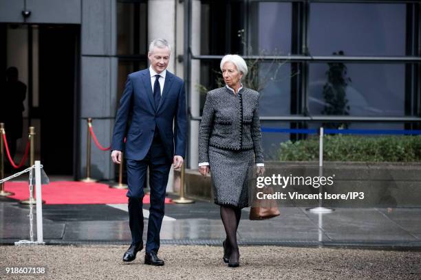 Bruno Le Maire, French minister for economic affairs and finance and Christine Lagarde, IMF director participate in the conference "Transforming the...