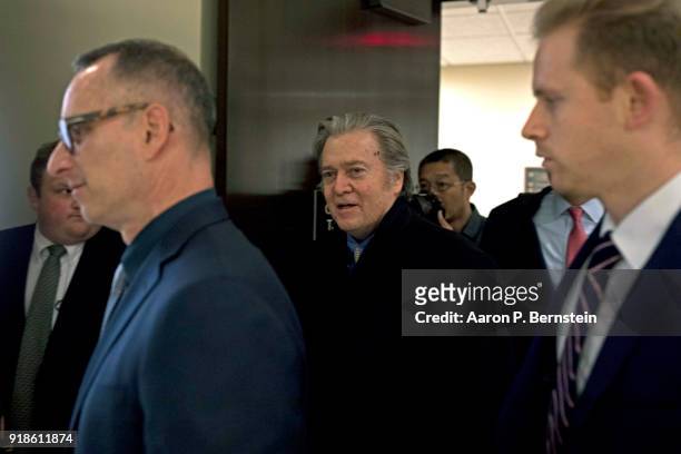Former White House chief strategist Steve Bannon arrives to speak at a closed-door meeting with the House Intelligence Committee February 15, 2018 on...