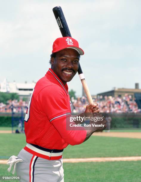 Vince Coleman of the St. Louis Cardinals poses for a photo prior to an MLB game versus the Chicago Cubs at Wrigley Field in Chicago, Illinois during...