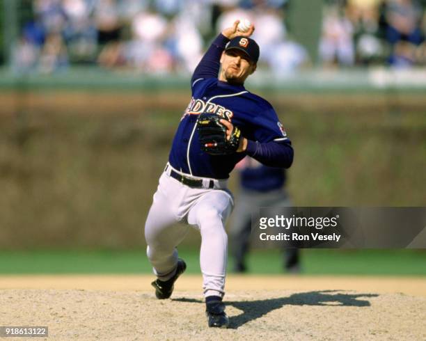 Trevor Hoffman of the San Diego Padres pitches during an MLB game versus the Chicago Cubs at Wrigley Field in Chicago, Illinois during the 1992...