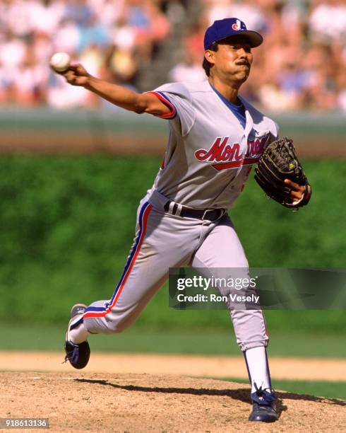 Dennis Martinez of the Montreal Expos pitches during an MLB game versus the Chicago Cubs at Wrigley Field in Chicago, Illinois during the 1992 season.