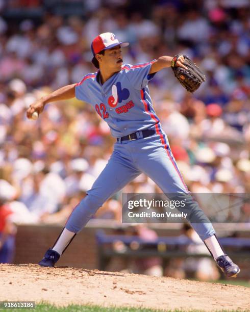 Dennis Martinez of the Montreal Expos pitches during an MLB game versus the Chicago Cubs at Wrigley Field in Chicago, Illinois during the 1988 season.