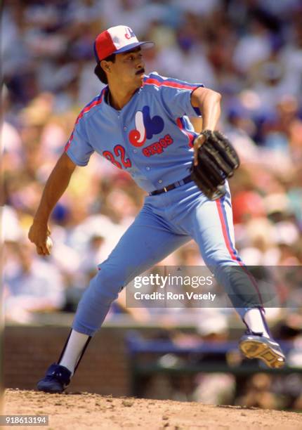 Dennis Martinez of the Montreal Expos pitches during an MLB game versus the Chicago Cubs at Wrigley Field in Chicago, Illinois during the 1988 season.