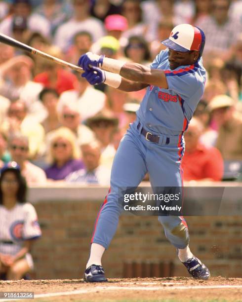 Tim Raines of the Montreal Expos bats during an MLB game versus the Chicago Cubs at Wrigley Field in Chicago, Illinois during the 1988 season.