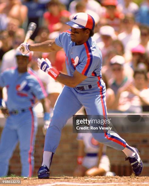 Tim Raines of the Montreal Expos bats during an MLB game versus the Chicago Cubs at Wrigley Field in Chicago, Illinois during the 1988 season.