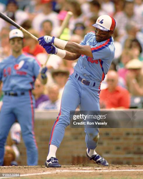 Tim Raines of the Montreal Expos bats during an MLB game versus the Chicago Cubs at Wrigley Field in Chicago, Illinois during the 1988 season.