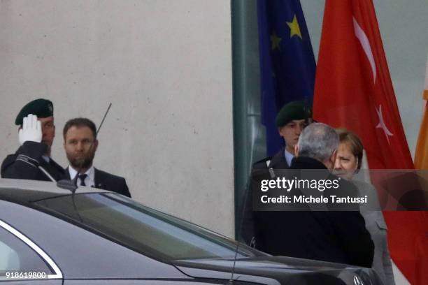 German Chancellor Angela Merkel welcomes Turkish Prime Minister Binali Yildirim in the German chancellory on February 15, 2018 in Berlin,Germany....