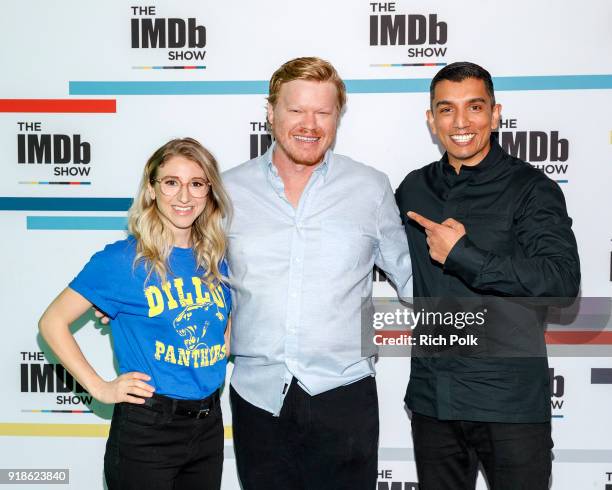Co-host Kerri Dougherty, actor Jesse Plemons and Co-host Tim Kash on the set of 'The IMDb Show' on February 9, 2018 in Studio City, California. This...