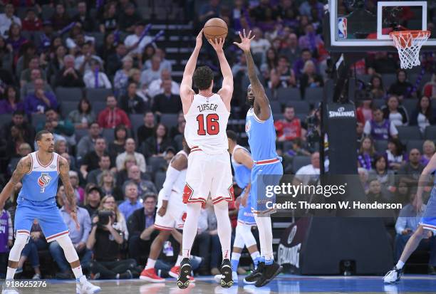 Paul Zipser of the Chicago Bulls shoots over JaKarr Sampson of the Sacramento Kings during an NBA basketball game at Golden 1 Center on February 5,...