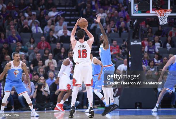 Paul Zipser of the Chicago Bulls shoots over JaKarr Sampson of the Sacramento Kings during an NBA basketball game at Golden 1 Center on February 5,...